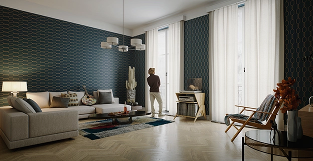A stylish living room with dark patterned walls.
