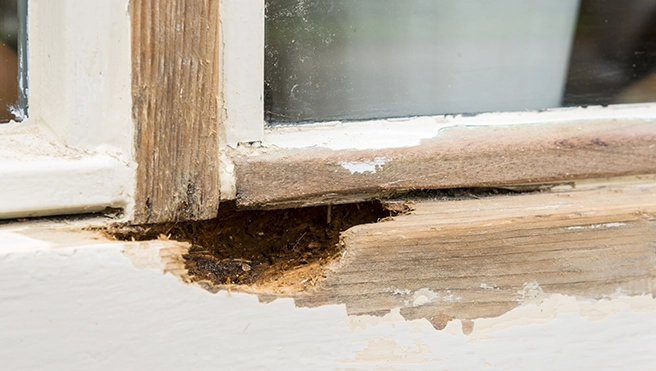Close-up of a damaged window frame with wood rot, revealing a hole filled with debris and peeling white paint.