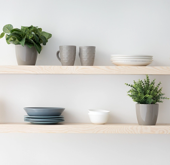 Plates and Vessels on Shelves.