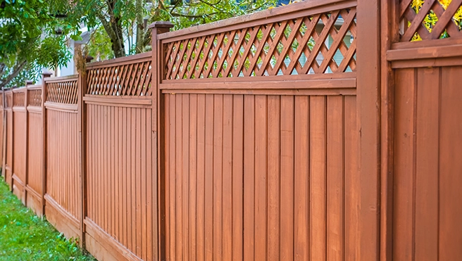 A wooden fence with a lattice top section runs alongside a grassy yard, surrounded by trees in a sunny outdoor setting.