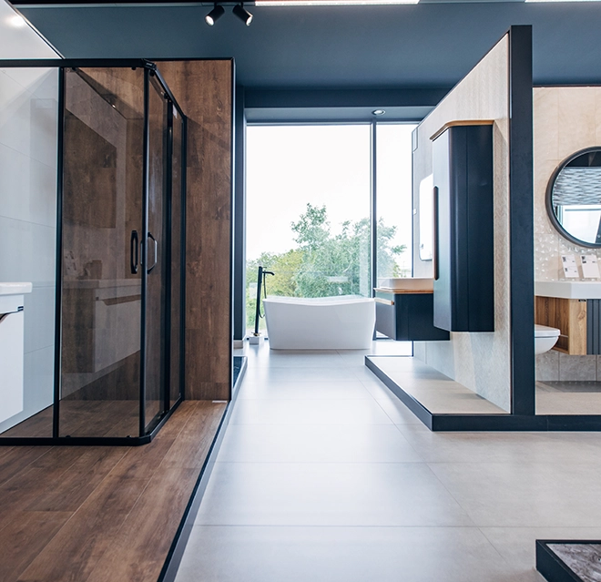 Modern bathroom with a glass shower.