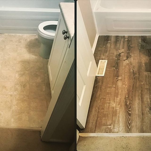 Bathroom flooring before and after.