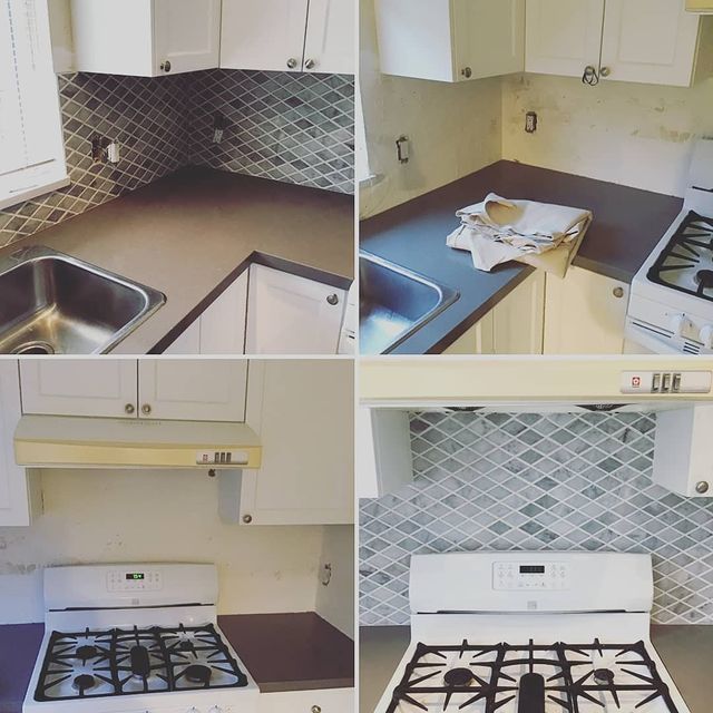 Kitchen backsplash before and after.