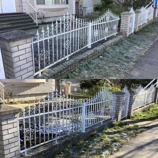 Outdoor white metal fence before and after.