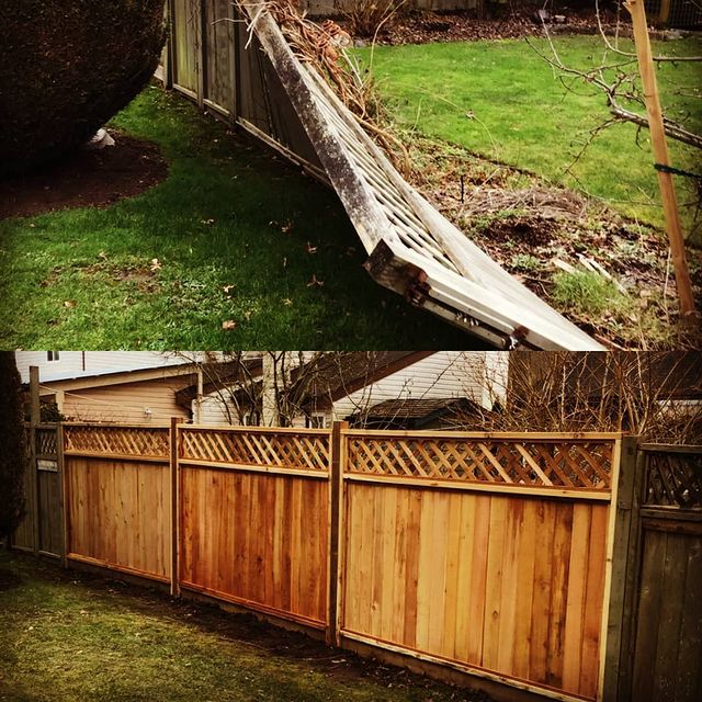 Outdoor wooden fence before and after.