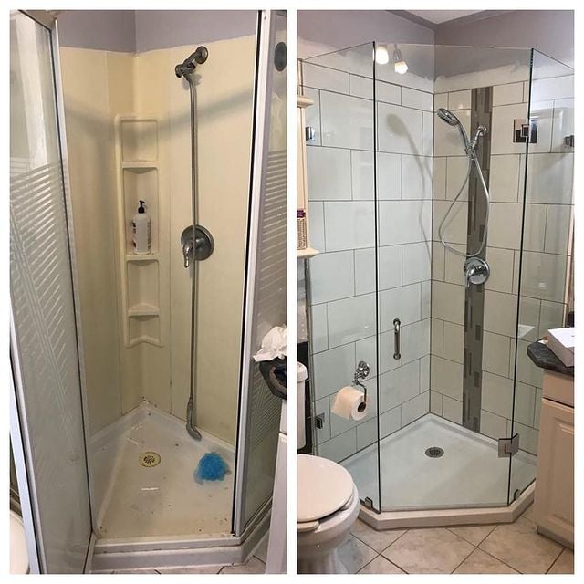 Before and after image of a bathroom shower installation